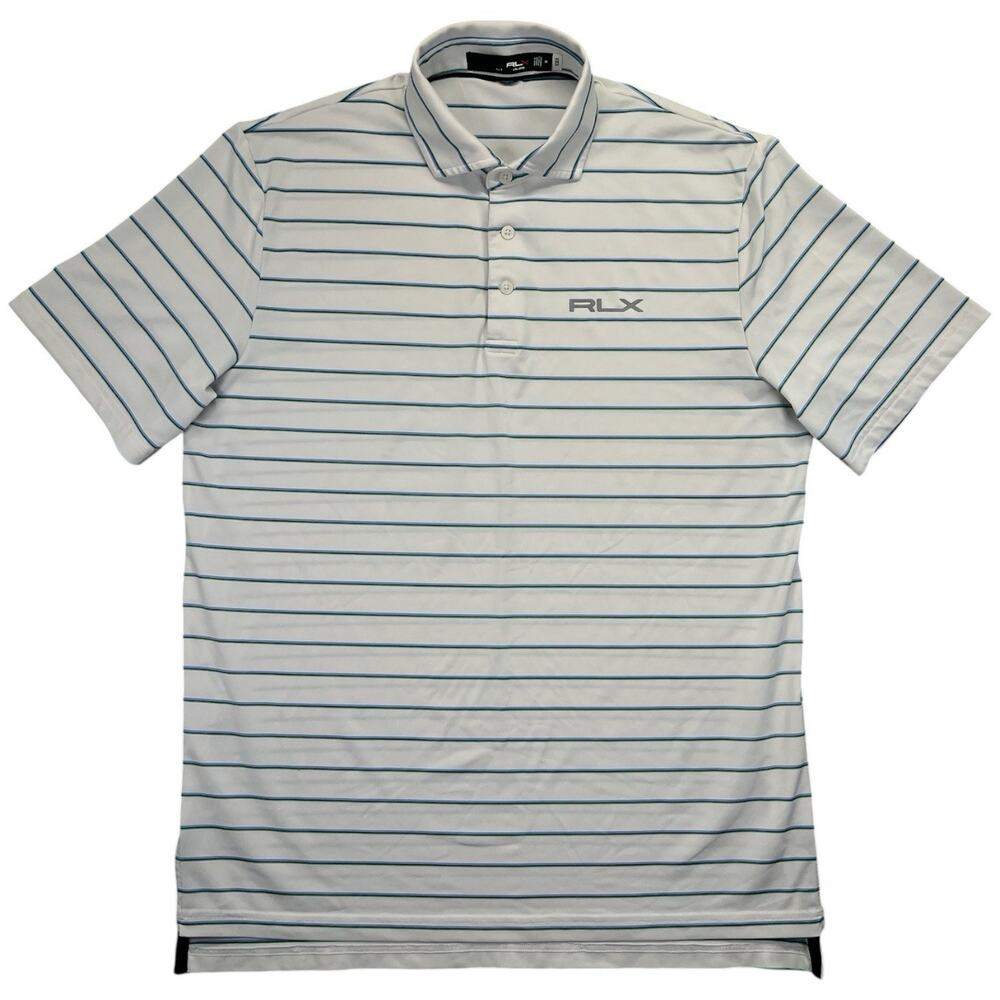 RLX Ralph Lauren Men's Medium White Blue Green Striped Performance Golf Polo